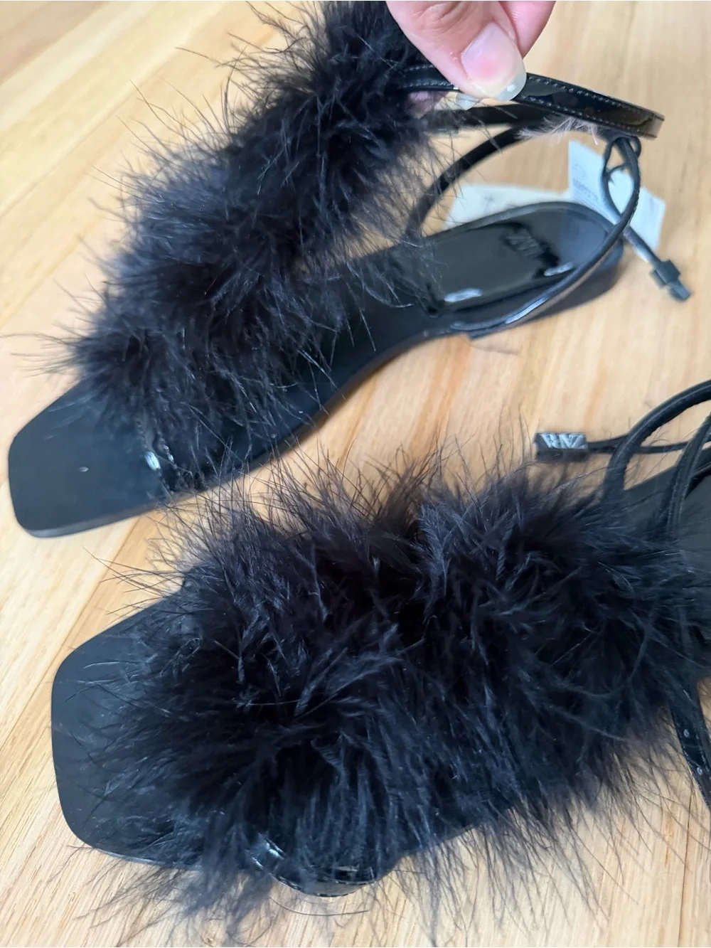 Zara Black Feather-Trim Strappy Sandals - Picture 3 of 6